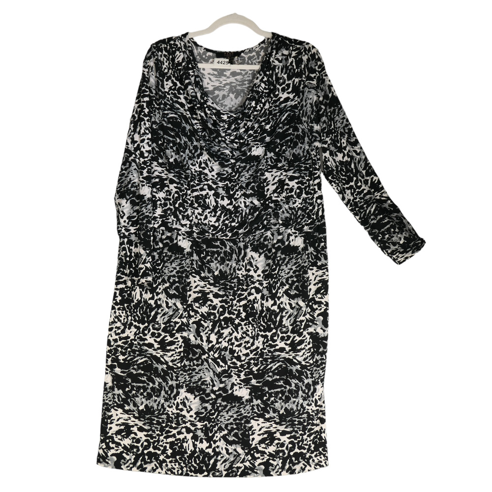 Alex Marie Dress Womens Size 1x Black White Gray Drape Neck Slinky Stretch